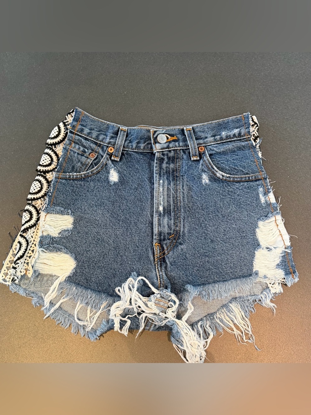 High-Rise Denim Shorts with Crochet Trim
